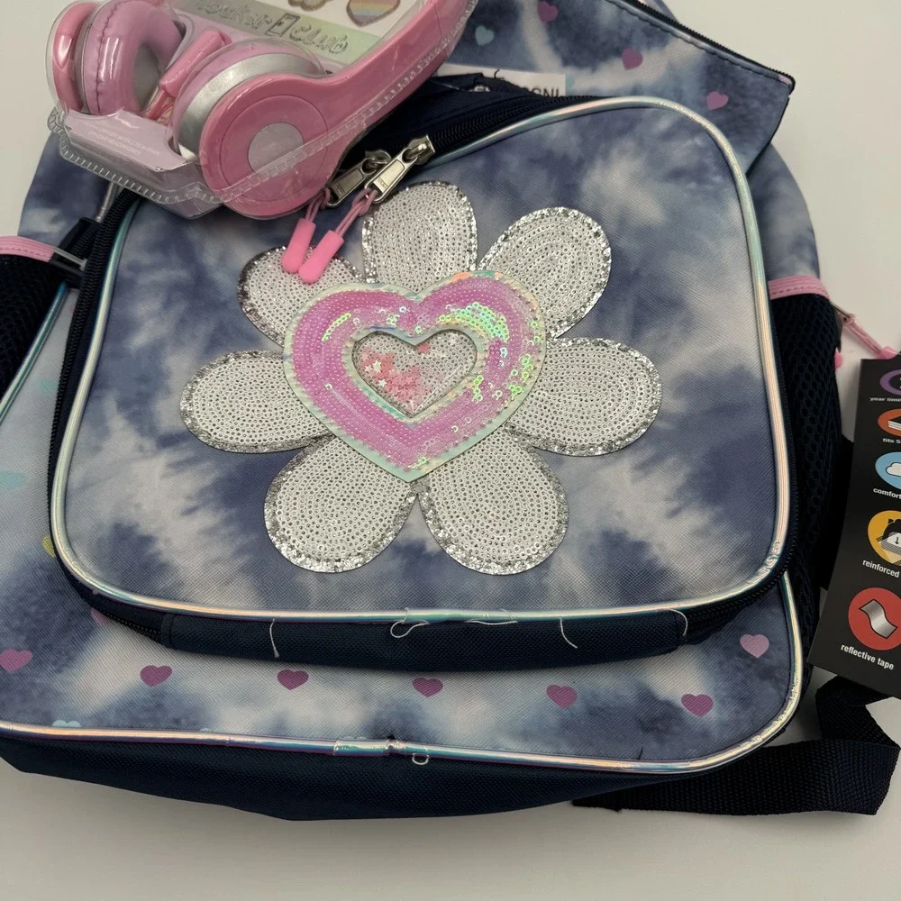 Locker Club 4 Piece Backpack Set Lunch Bag Headphones Blue Tie Dye NWT